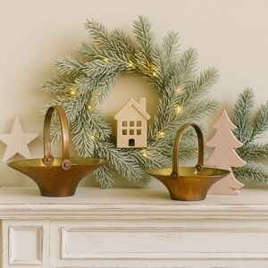 Vtg Brass Baskets Set of 2 Nesting Handled Patina MCM Hollywood Regency Decor